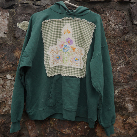 112 - XL Green Repurposed Floral Embroidery Hoodie